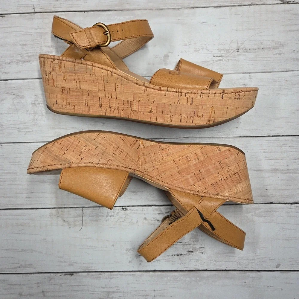Born B81592 Platform Wedge Sandals Strappy Women 10 Tan Leather Cork